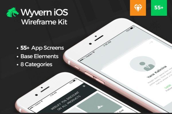 产品演示电商APP应用线框图UI套件 Wyvern iOS Wireframe UI Kit