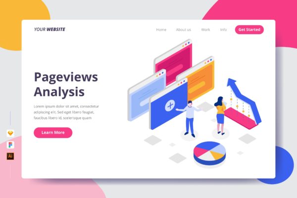 页面浏览网站数据分析矢量插画着陆页设计素材库精选模板 Pageviews Analysis – Landing Page