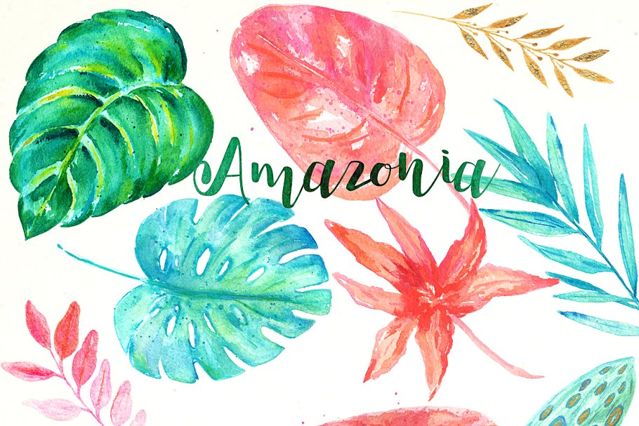 亚马逊热带雨林树叶金色水彩剪贴画 Tropical leaves Amazonia gold clipat插图(3)