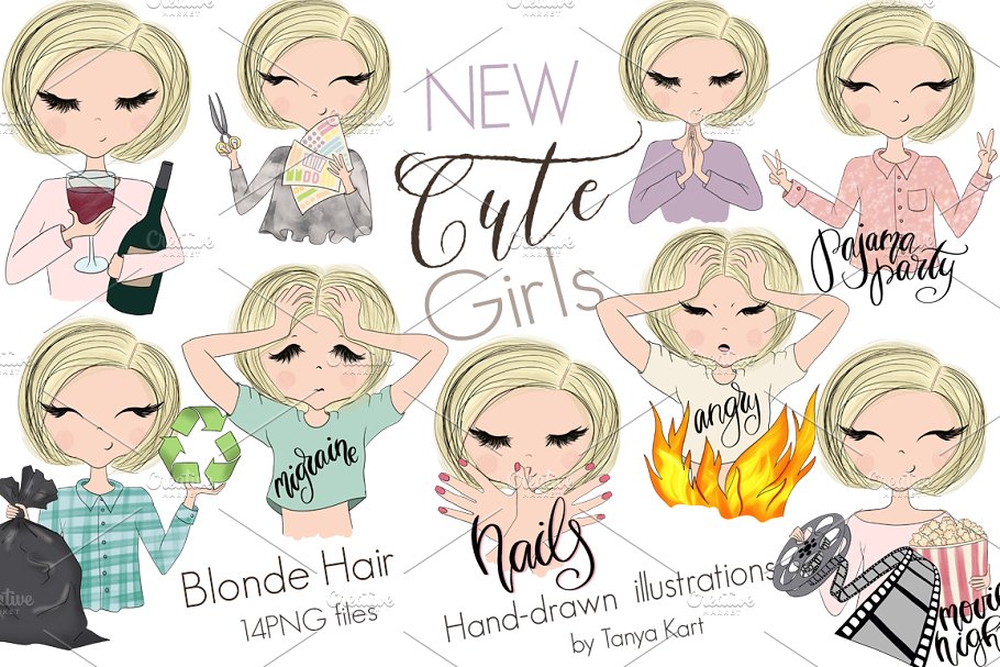 手绘卡通女性形象合集 Collection of 4 Sets Girls插图(4)