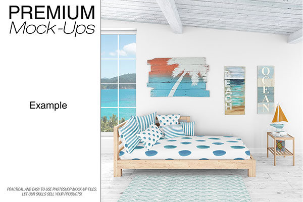 海景房枕头和框架展示样机下载 Pillows &amp; Frames Set – Coastal Style [psd]