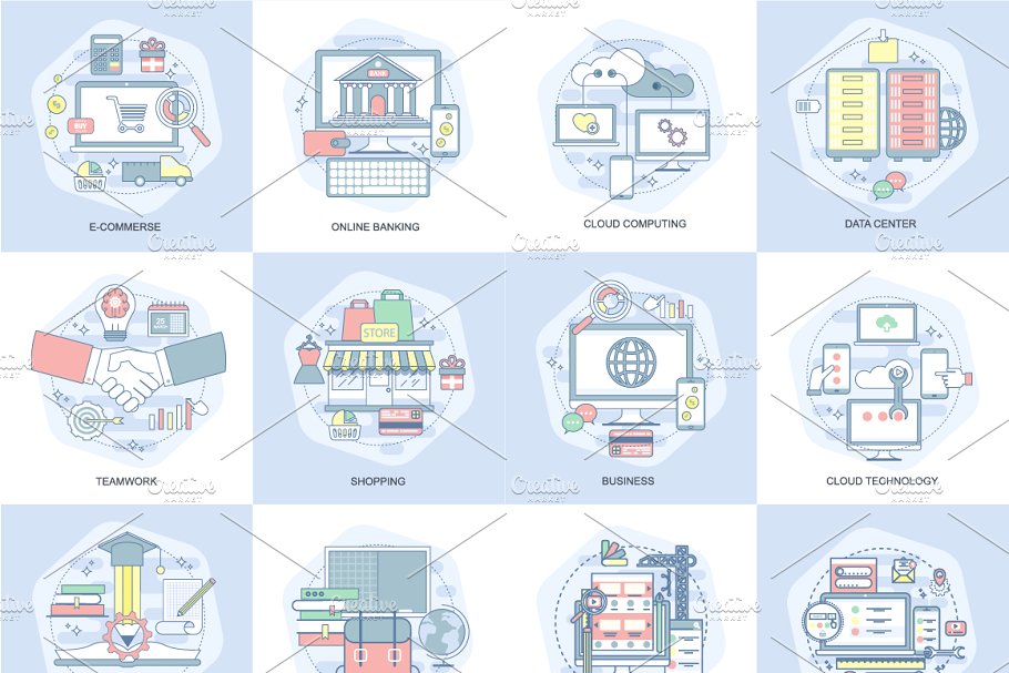 36款扁平设计风格线条概念插画 Flat Line Concepts插图(1)