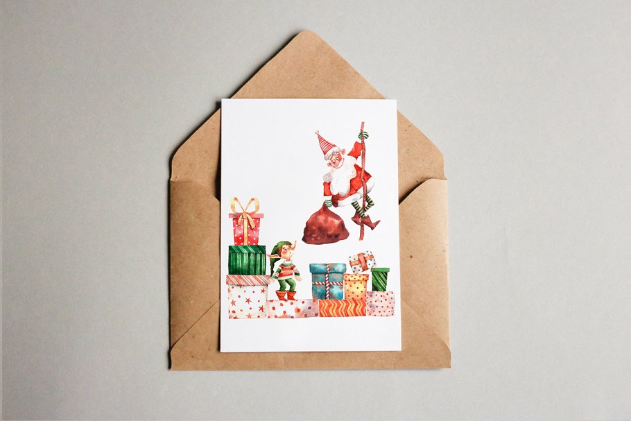 圣诞老人的小帮手水彩插画素材插图(5)