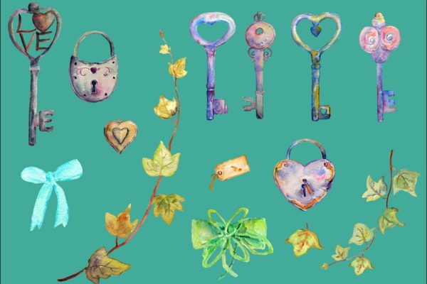 复古锁、钥匙&amp;心形水彩图案 Watercolor Vintage Lock Key Heart