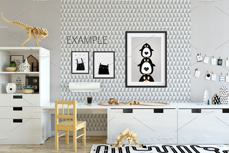 儿童主题卧室墙纸设计&相框样机 Interior KIDS WALL & FRAMES Mockup 2插图(20)