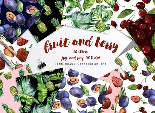 手工绘制水彩风格的水果图案素材下载[jpg,png]