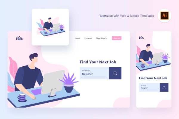 工作场景矢量概念插画素材[AI&amp;SVG] Vela working illustration (Illustrator, SVG)