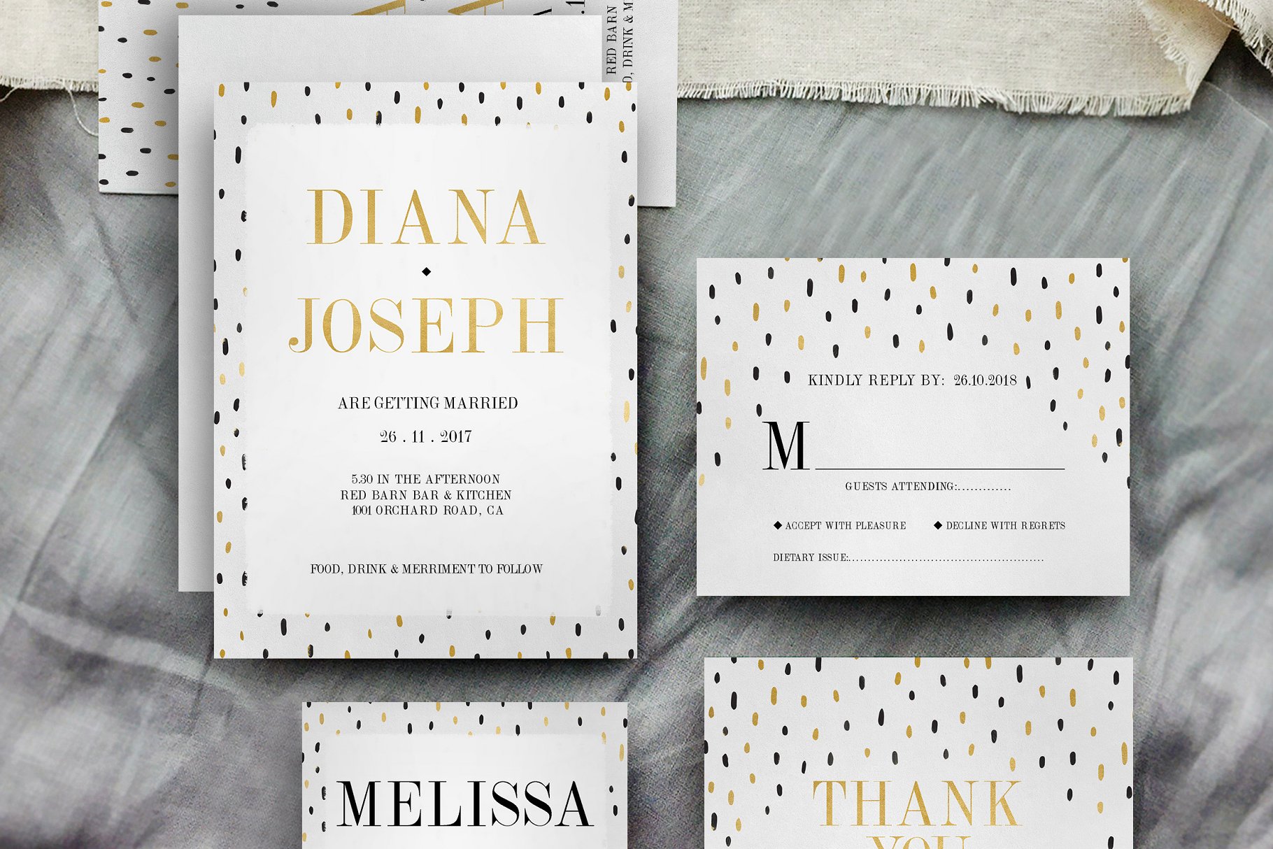 黑金波尔卡多婚礼设计模板合集 Black Gold Polkadot Wedding Suite插图