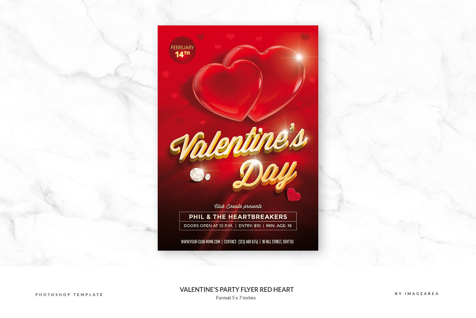大红心-情人节活动派对传单模板 Valentine’s Party Flyer Red Heart插图