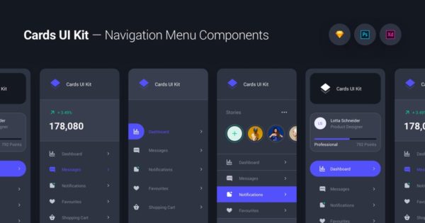 卡片式UI设计套件-网站导航菜单组件&amp;小部件[夜间模式] Cards UI Kit – Navigation Menu Components Widgets