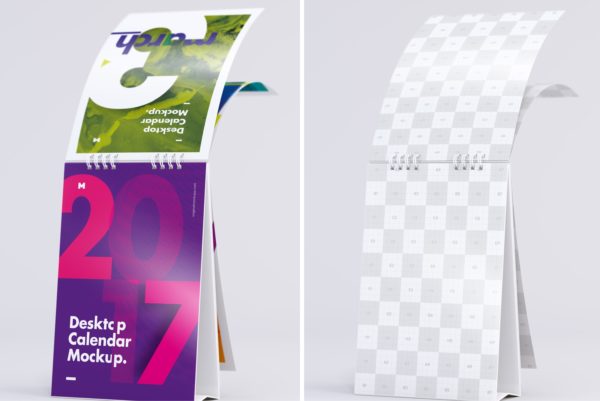 纵向桌面日历设计翻页效果样机模板2 Desktop Portrait Calendar Mockup Turning Pages 2