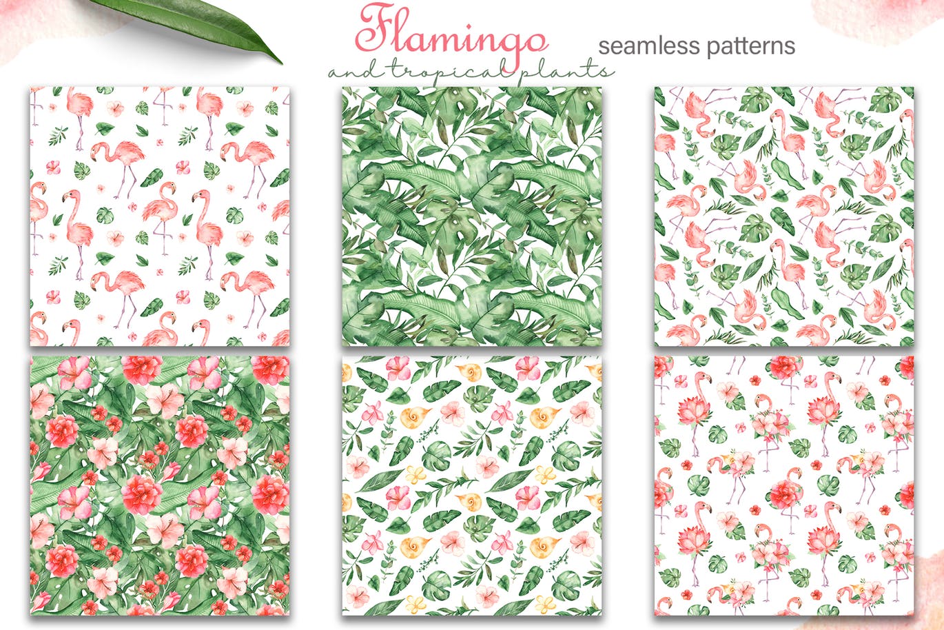 火烈鸟＆热带植物水彩插画素材 Watercolor flamingos and tropical plants插图(6)