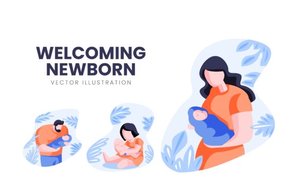 迎接降生新生儿人物形象素材库精选手绘插画矢量素材 Welcoming Newborn Vector Character Set