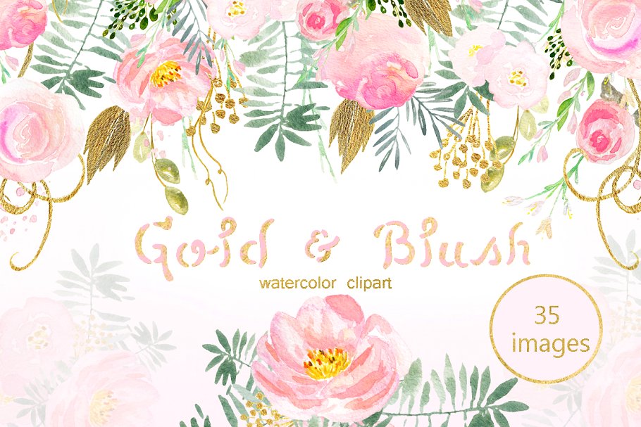 水彩浅粉腮红金色花卉剪贴画合集 Gold and blush watercolor flowers插图