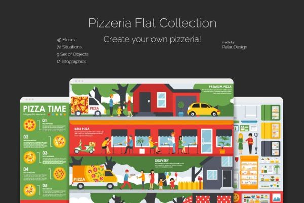 披萨主题场景扁平风格设计元素合集 Pizzeria Flat Collection