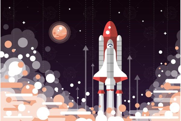 航天飞机扁平化设计矢量插画素材 Space shuttle launch – flat design illustration
