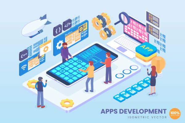 APP应用程序开发主题等距矢量素材库精选概念插画 Isometric Mobile Apps Development Vector Concept