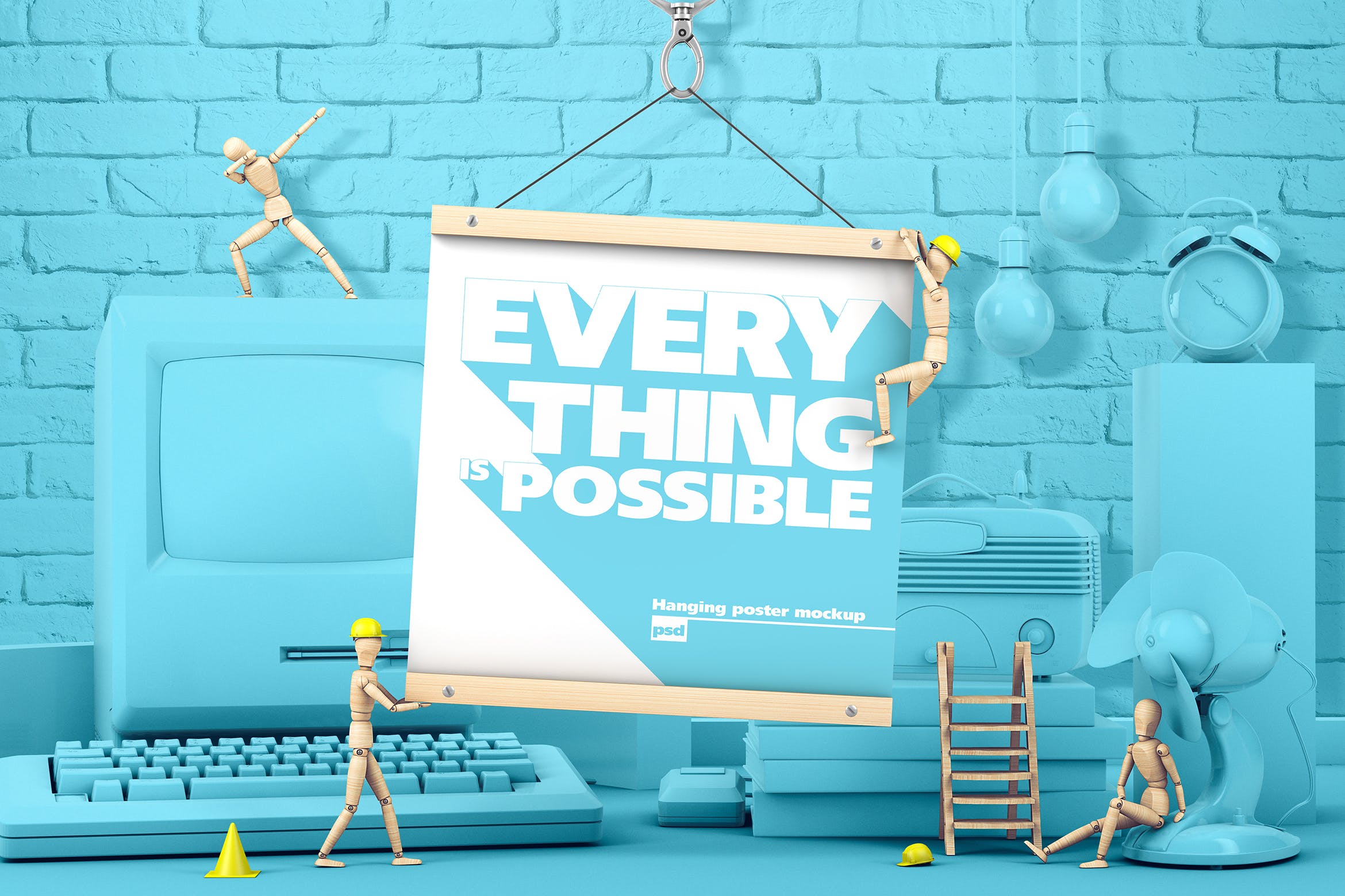 创意木偶场景海报设计效果图样机素材库精选 Square Hanging Poster With Wooden Men Mockup插图