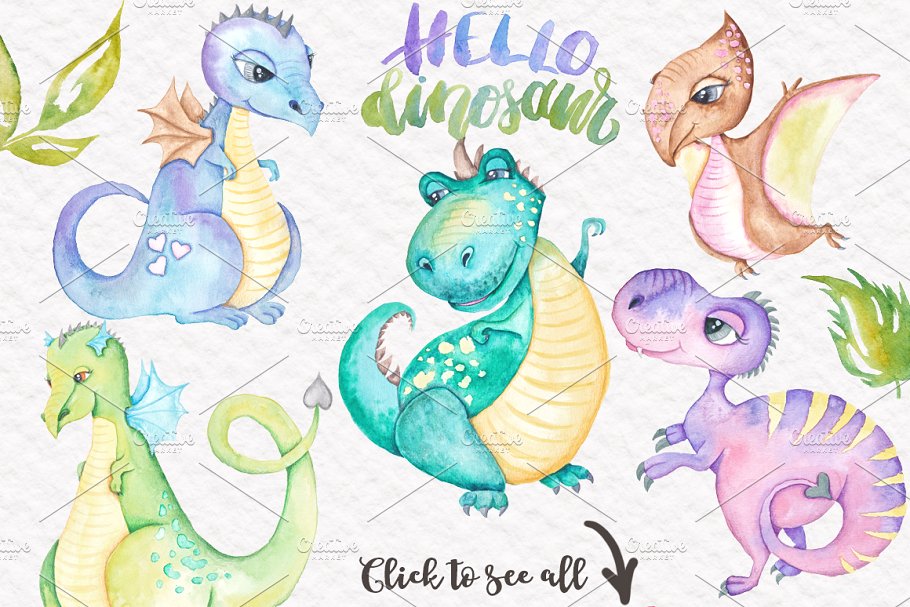 手绘水彩恐龙剪贴画 Dinosaurs Hand-painted Watercolor插图(2)