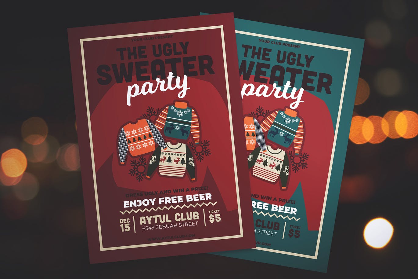 冬天冬季毛衣派对party新年圣诞节宣传单DM海报设计模板插图