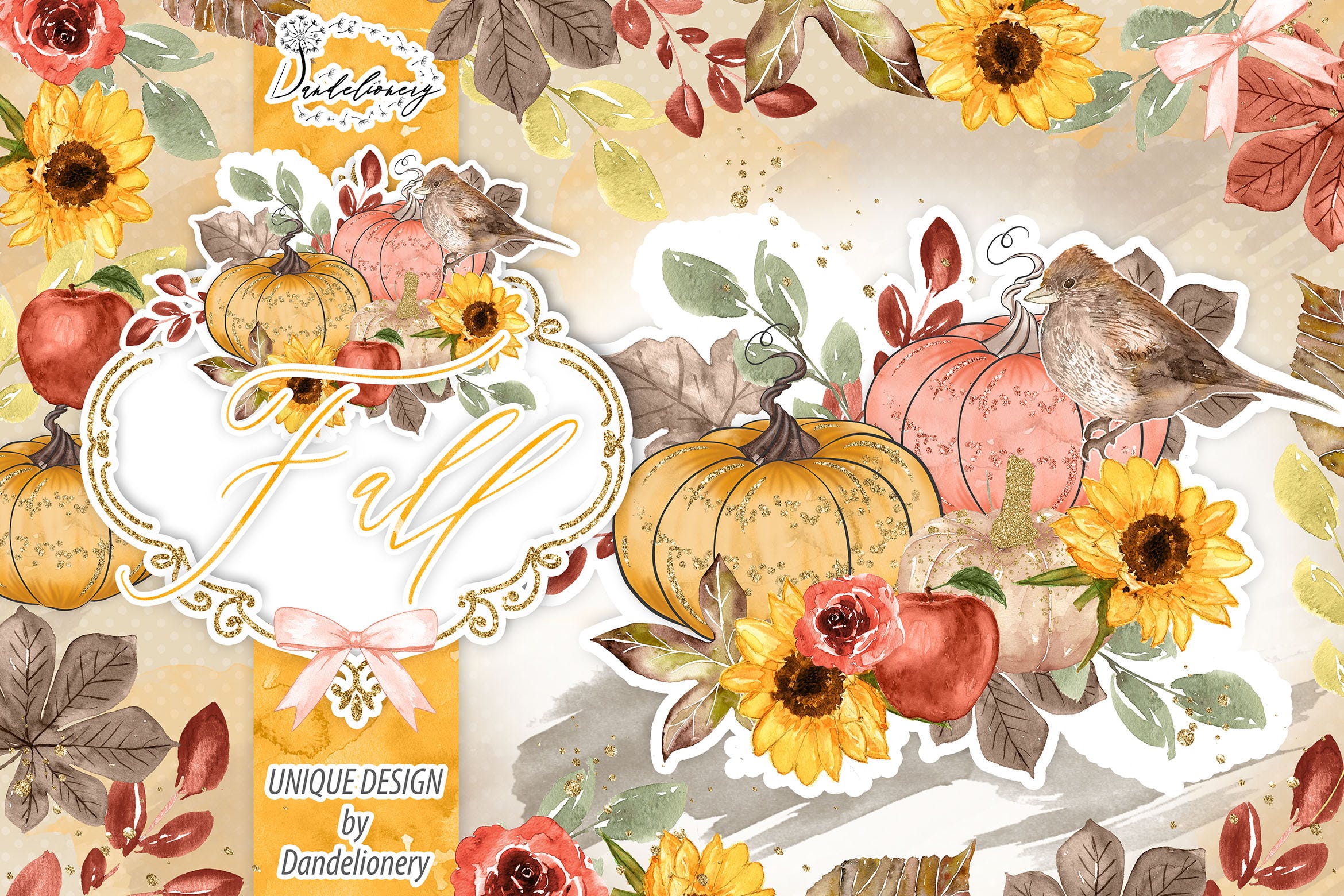 秋季南瓜水彩手绘剪贴画PNG素材 Fall Pumpkin design插图