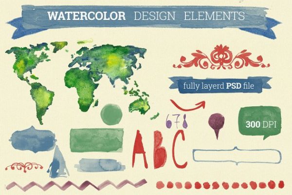 特色水彩手绘设计元素素材合集 Watercolor Design Elements