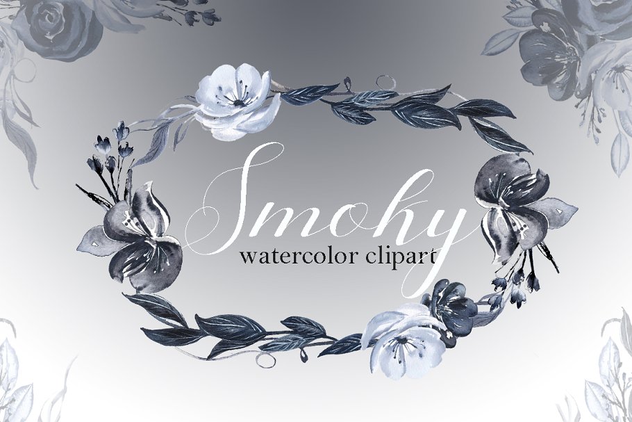 烟熏黑灰色水彩插花艺术图案 Smoky Black grey watercolors flowers插图(2)