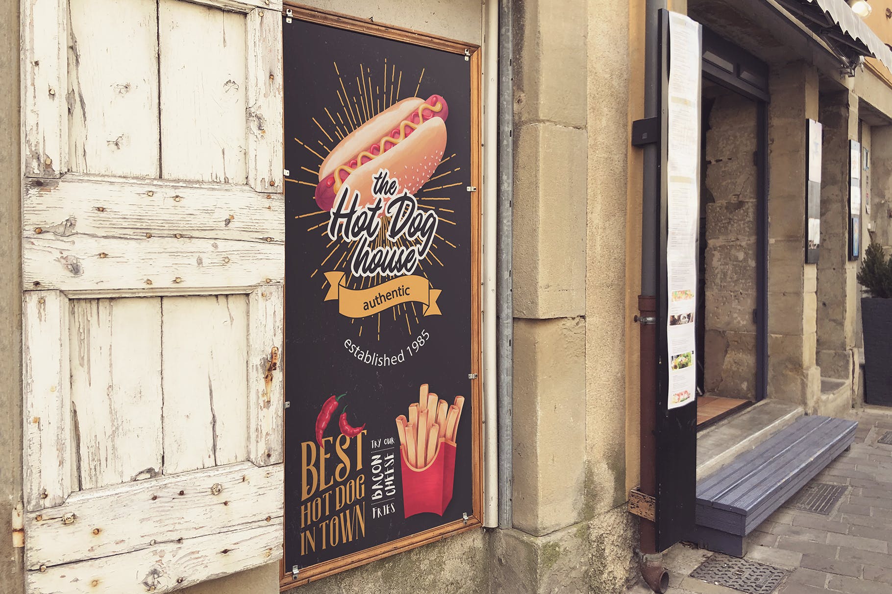 街头店铺广告牌设计效果图样机模板 Street Signboard Mockup插图(1)