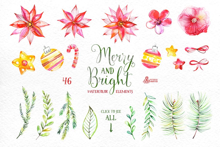 欢快明亮水彩花卉插画 Merry And Bright. Watercolor插图(1)