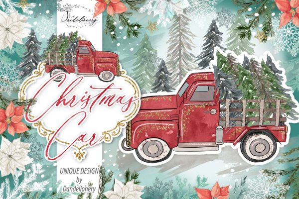 圣诞节节日主题水彩手绘汽车设计剪贴画PNG素材 Christmas Car design