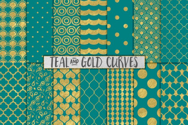 日式金箔波浪海洋主题背景纹理 Teal and Gold Foil Backgrounds