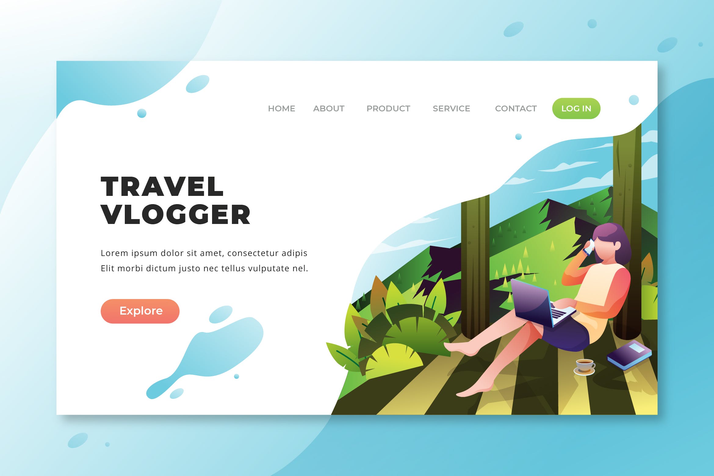 旅游vlog博主矢量插画网站着陆页设计PSD&AI模板 Travel Vlogger – PSD and AI Vector Landing Page插图
