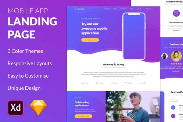 素材库下午茶：响应式时尚的手机APP产品网站官网模板下载 [Sketch,XD]