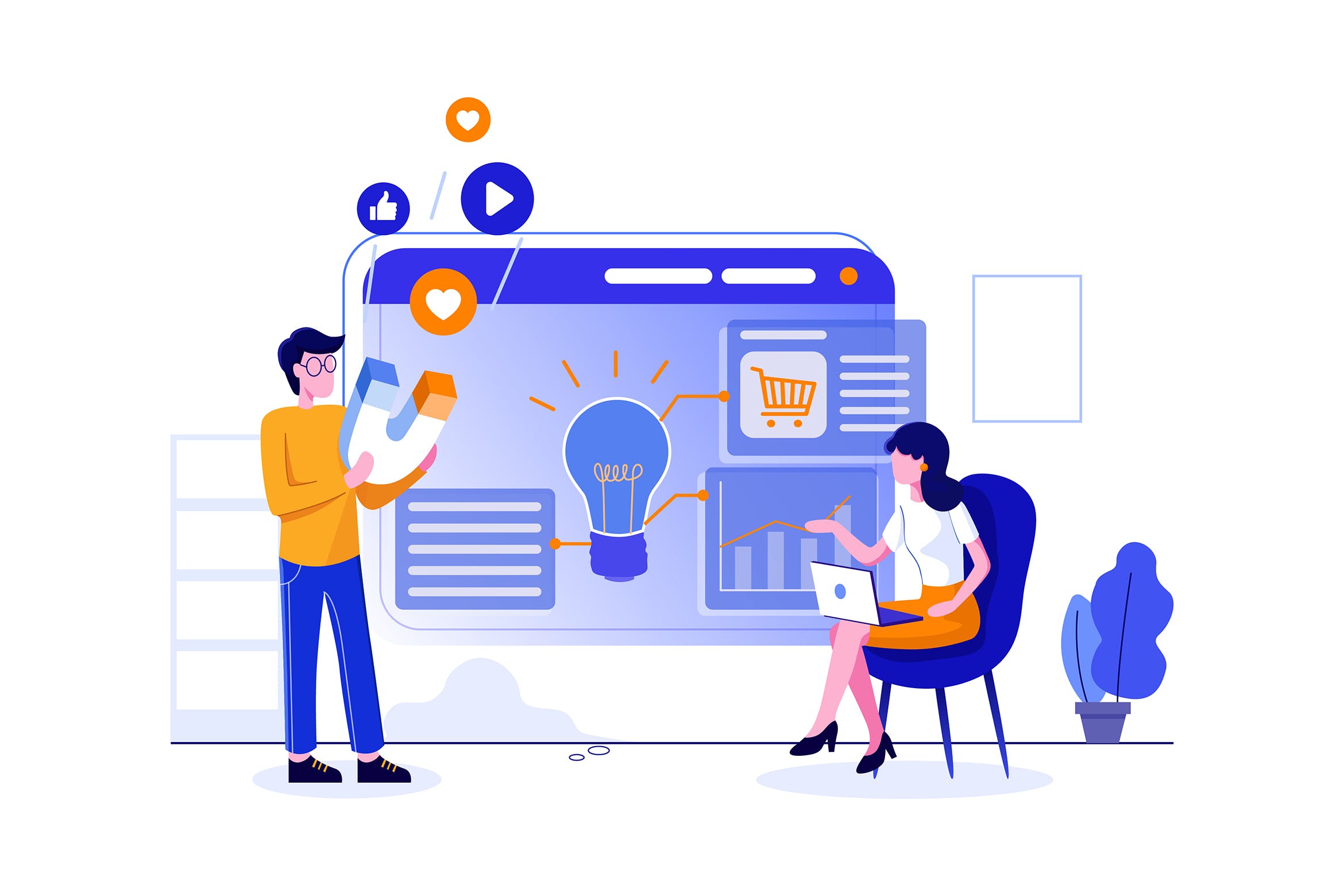 信息流营销主题矢量插画素材 Marketing team attracting customers on news feed插图