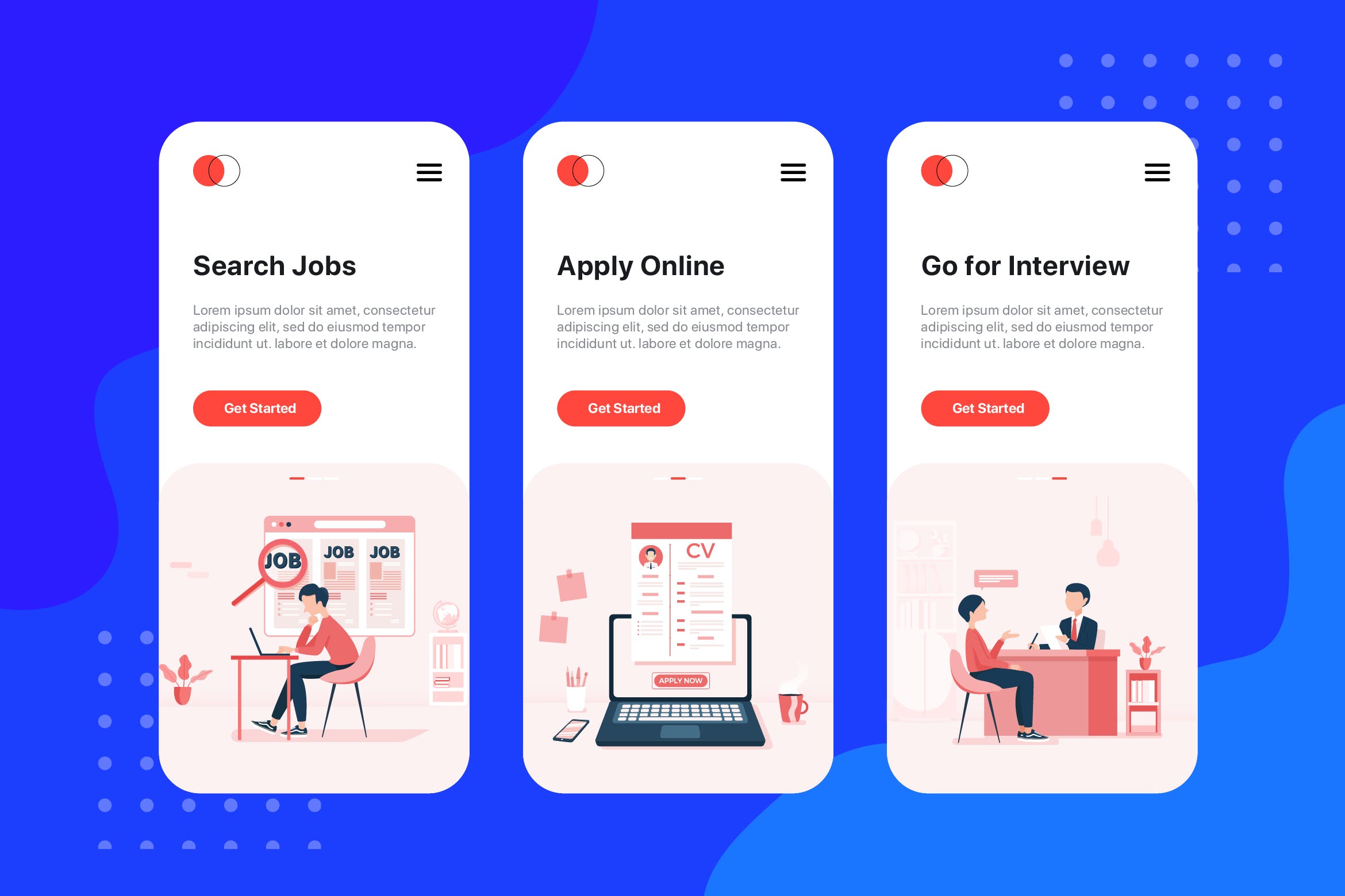 招聘类APP应用引导页设计模板 On boarding screens for Job Search Human Resources插图