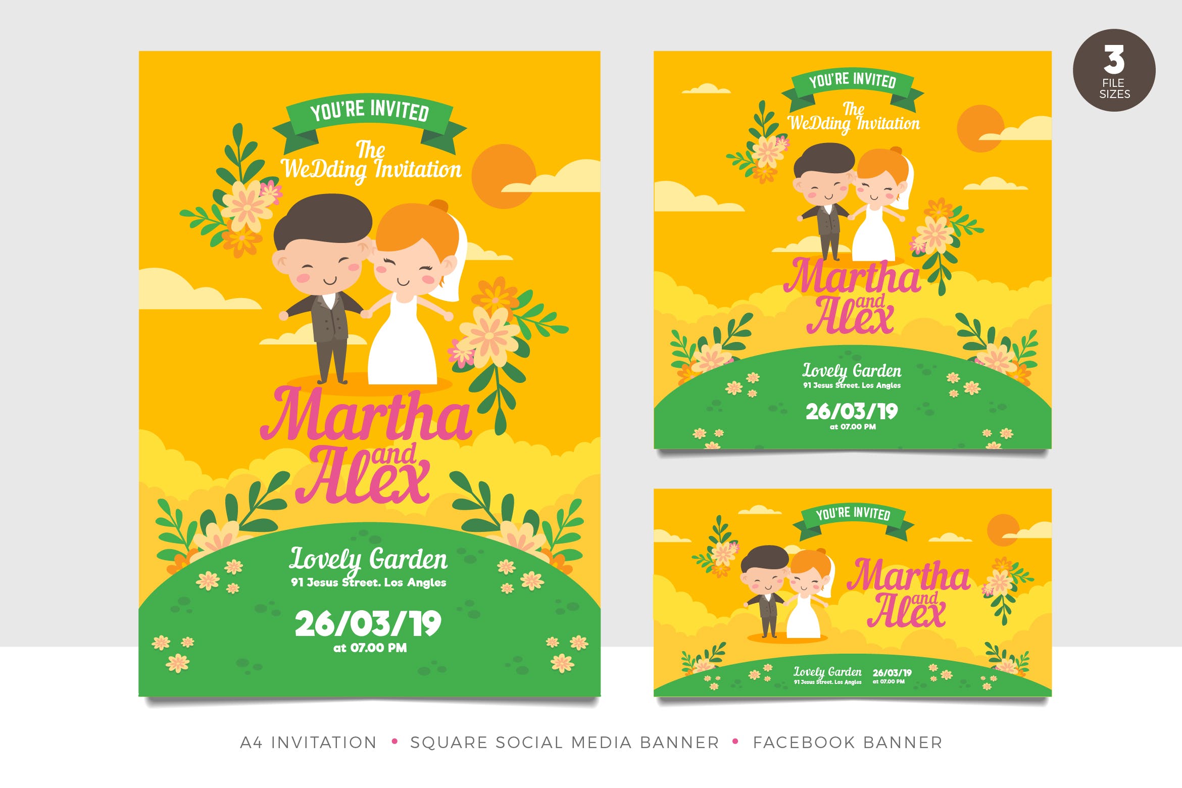可爱新人手绘插画婚礼邀请函素材库精选模板套件 Cute Couple Wedding Invitation Set Template插图