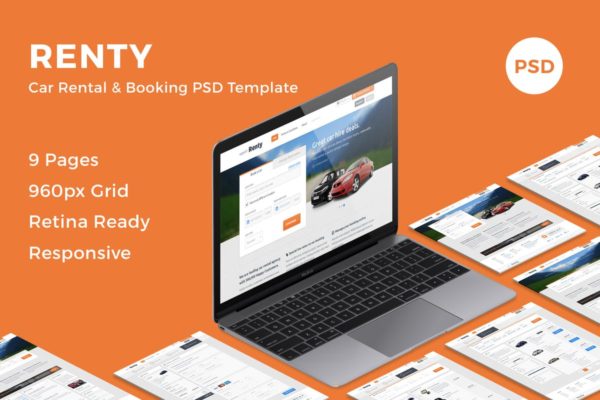 汽车租赁&amp;销售网站设计PSD模板 Renty – Car Rental &amp; Booking PSD Template