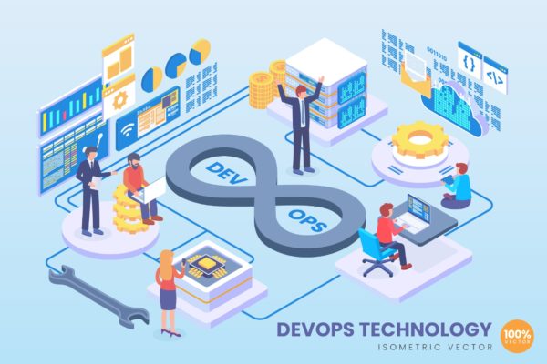 DevOps技术等距矢量科技素材库精选概念插画 Isometric DevOps Technology Vector Concept