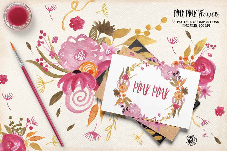 手绘水彩粉红色的花朵剪贴画素材  Pink Pink Flowers插图