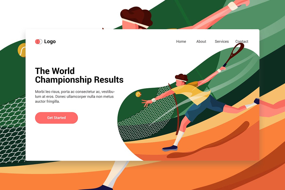 网站着陆页设计网球运动主题素材库精选手绘插画矢量 Male Tennis Player Vector Landing Page插图(1)