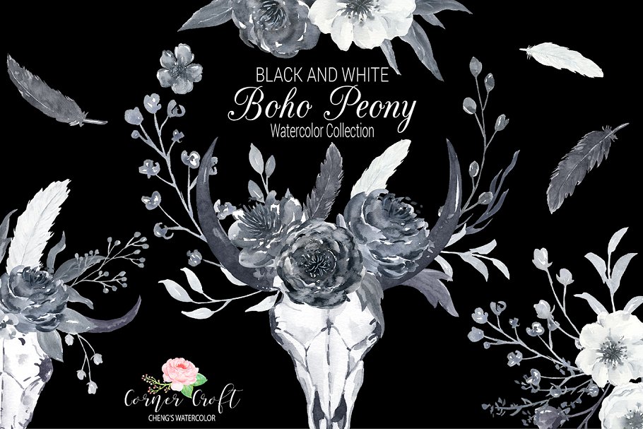黑白色牡丹花水彩剪贴画 Boho Peonies Black and White插图(1)