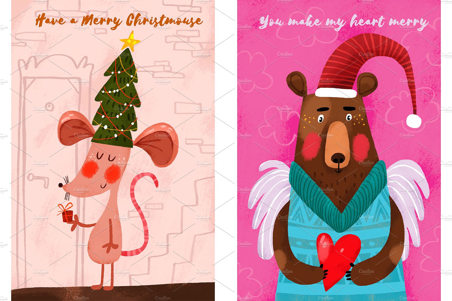 12张可爱手绘圣诞节明信片插图(1)