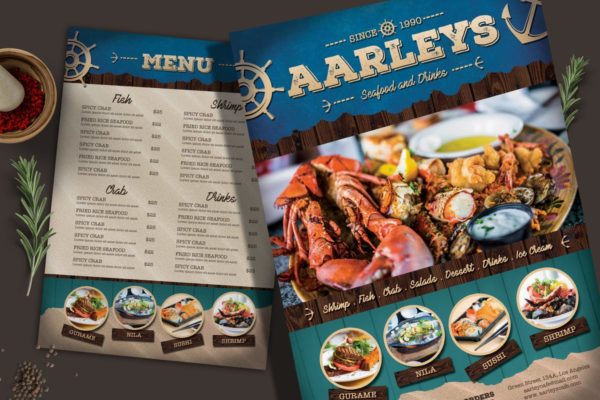 海鲜美食餐厅菜谱传单/菜单PSD模板 Seafood Menu