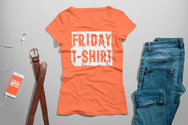 女版圆领T恤服饰印花设计样机素材 Crew Neck T-shirt Mock-up Female Version插图(5)