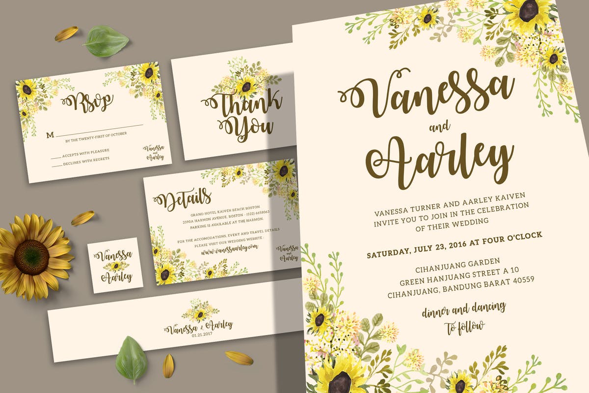向日葵插画婚礼邀请函套装 Sunflower Wedding Invitation Set插图