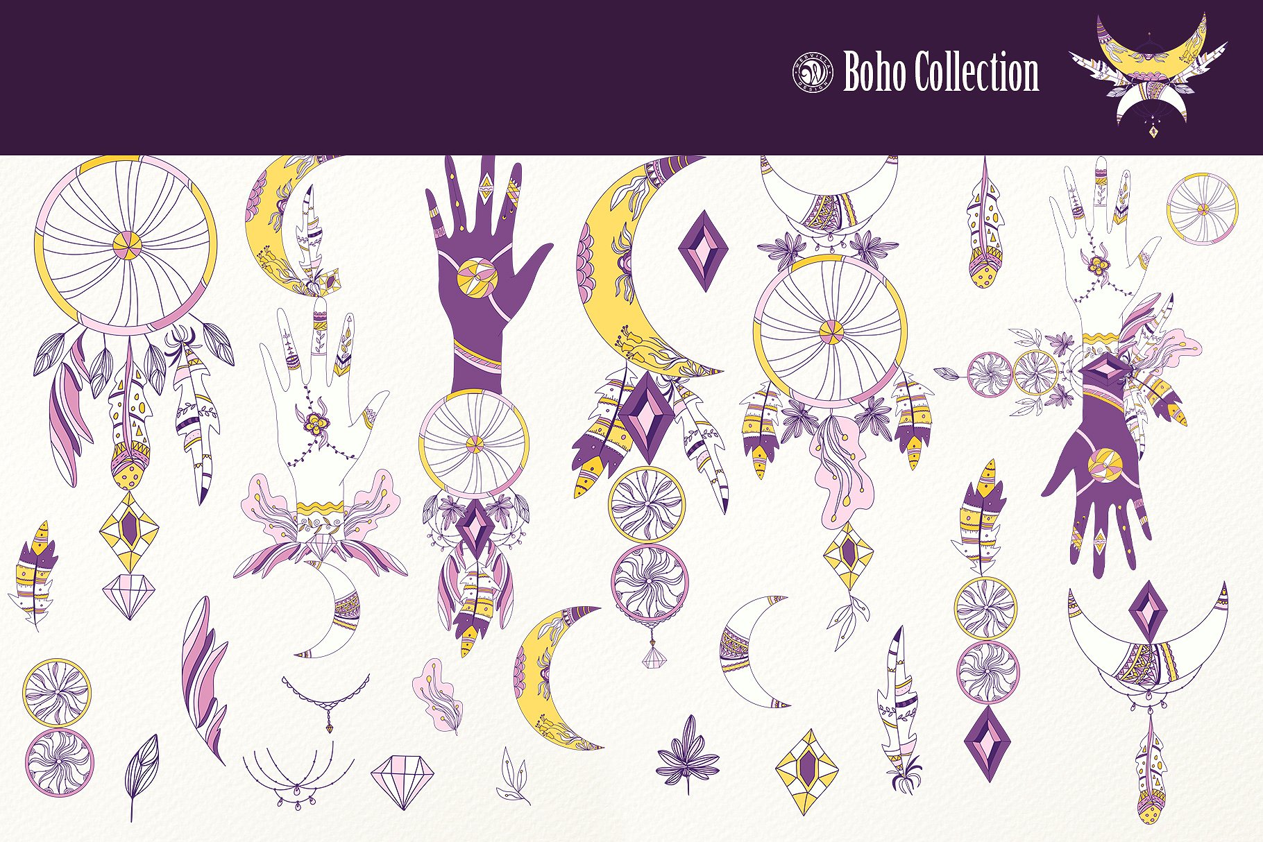 紫色波西米亚风系列水彩插画 Purple Boho Collection插图(5)