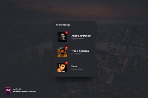 相关歌曲小部件窗口网站设计模板 Related Songs Widget – Adobe XD