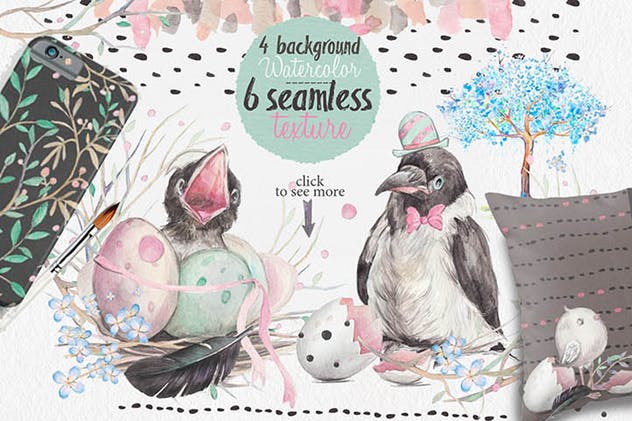 “春天与乌鸦”水彩插画元素合集 “Spring & crows” bundle插图(7)