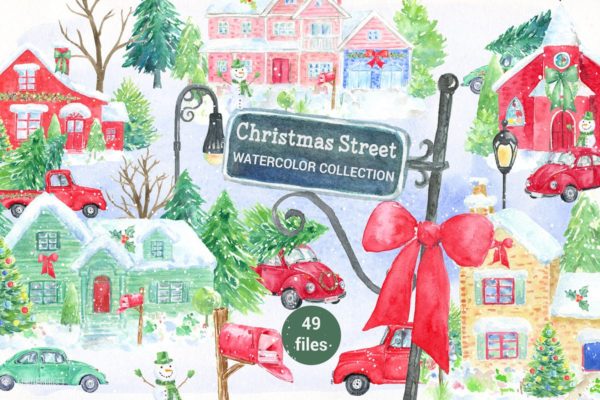 圣诞街道水彩剪贴画元素合集 Watercolor Christmas Street