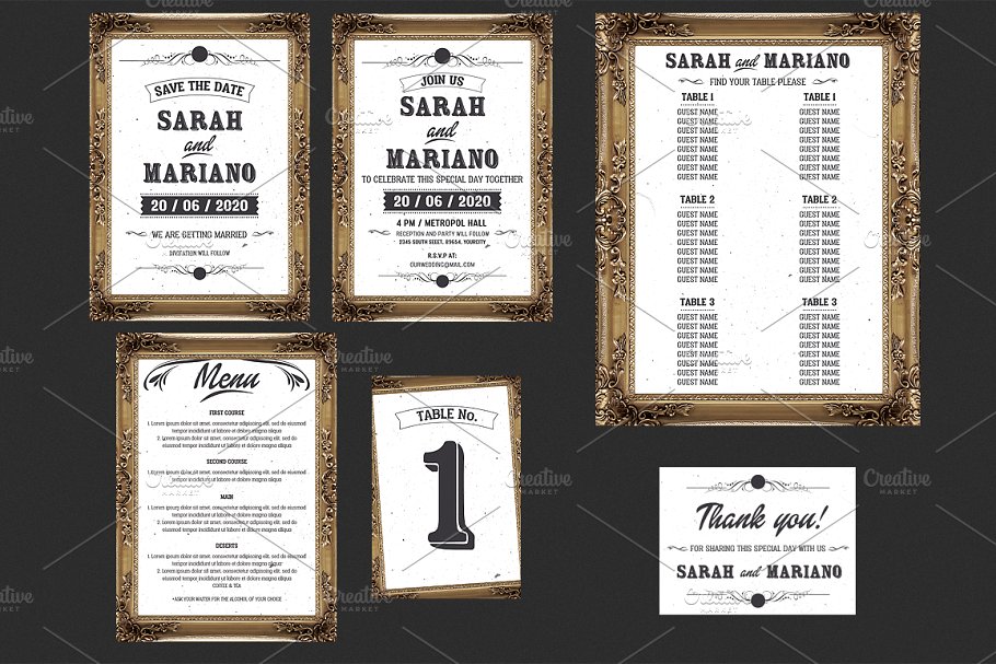 复古铜色边框婚礼邀请函模板 Frame Wedding Invitation Set插图